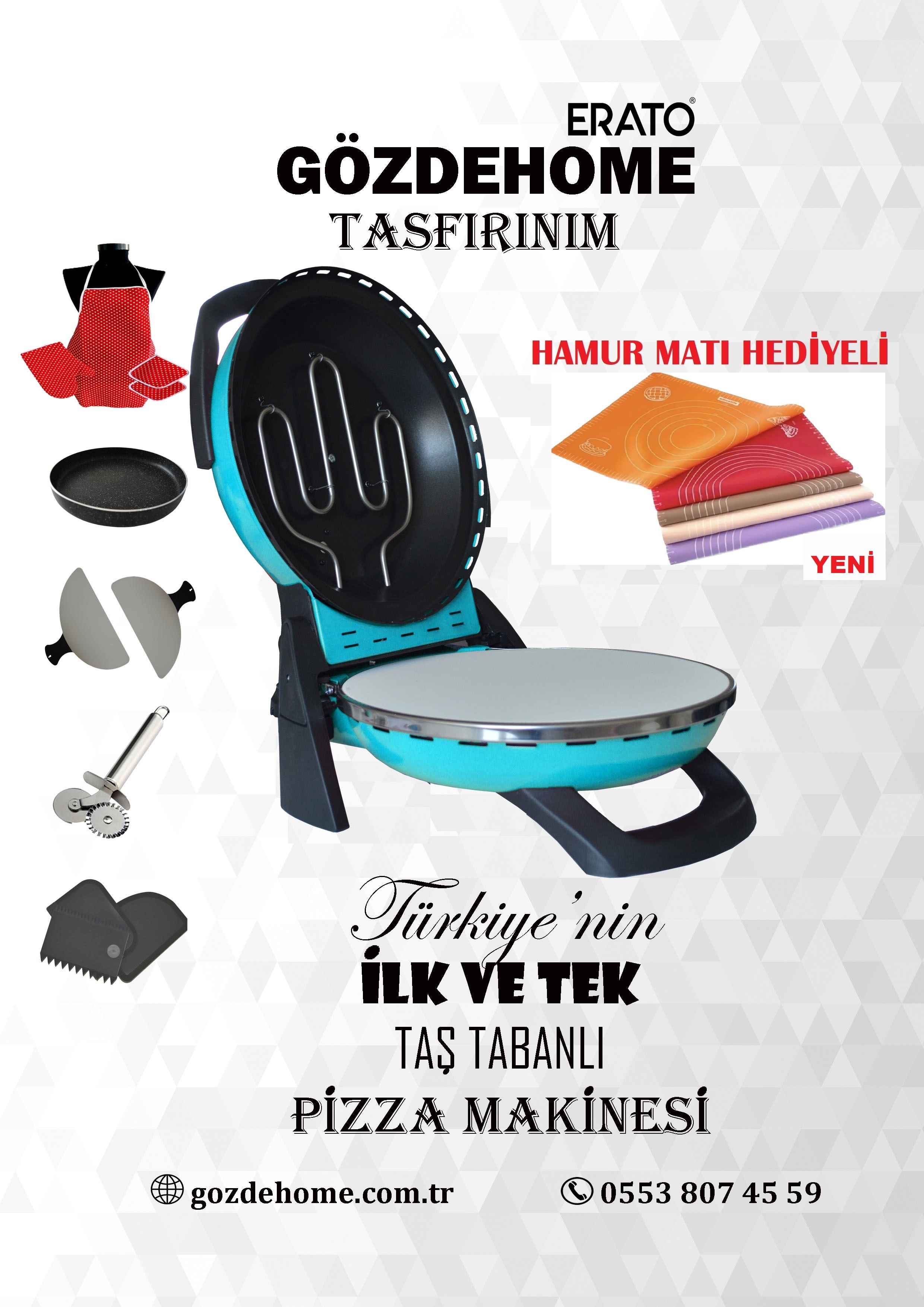 AÇIK MAVİ Gözdehome Erato Taşfırınım Doğal Taş Tabanlı Pizza Makinesi