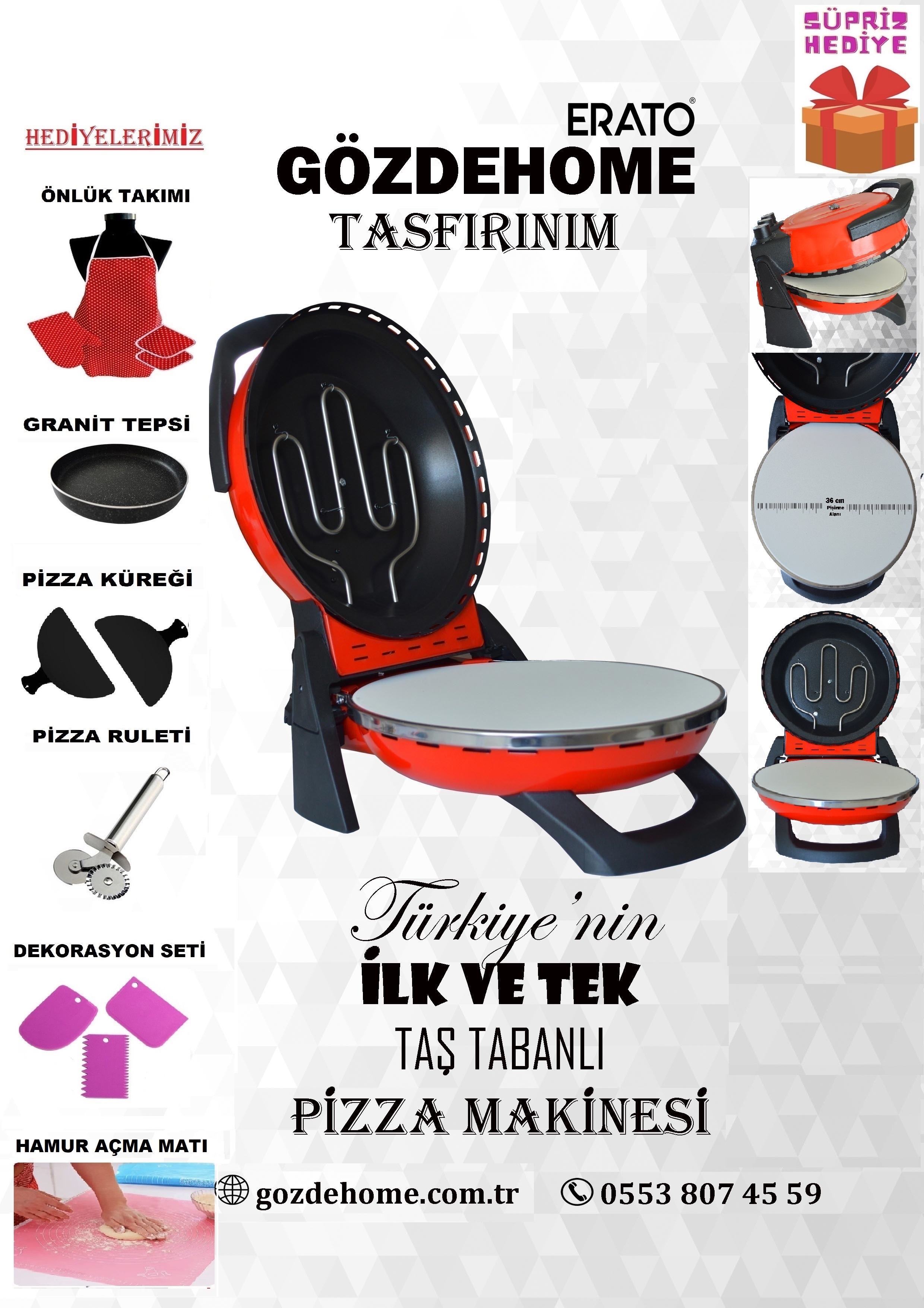 KIRMIZI Gözdehome Erato Taşfırınım Doğal Taş Tabanlı Pizza Makinesi